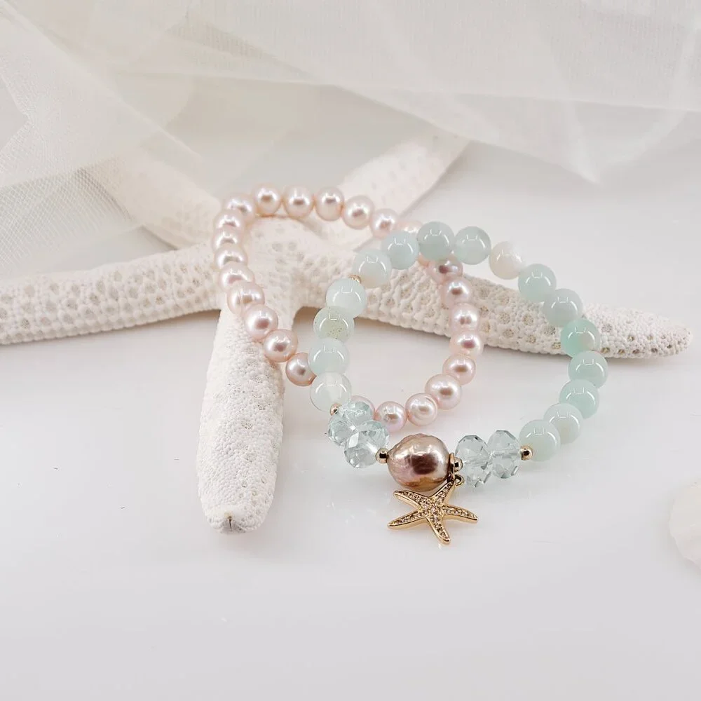 Charm Stretch Bracelet Set, Aquamarine, Pearls & Gold Filled CZ Starfish Charm